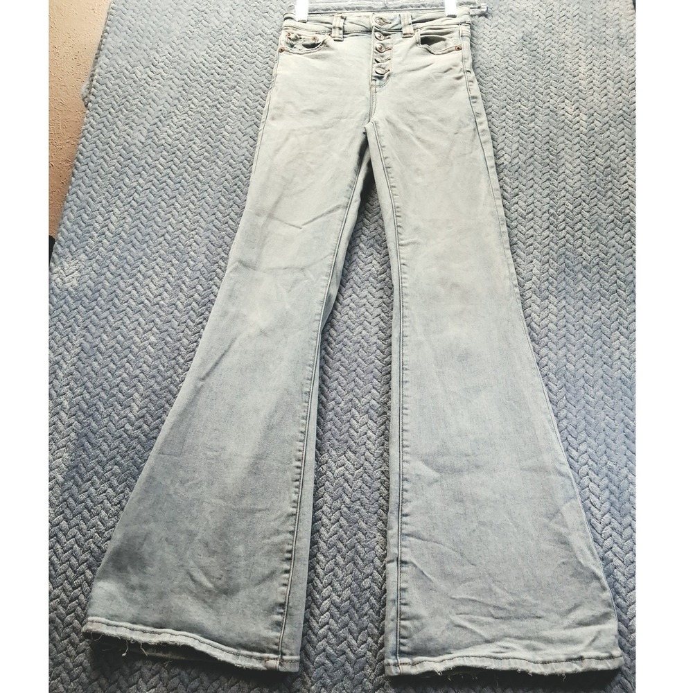 American Eagle Next Level Stretch High Rise Button Fly Flare Jeans Light Wash 0